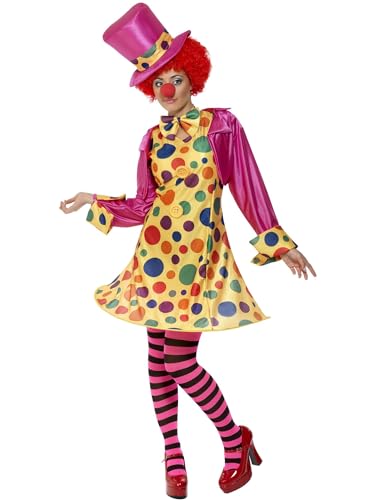 Smiffys Costume de clown femme, multi couleurs, robe cerclée, chemise, nœud papillon, collants à rayures et chapeau Halloween