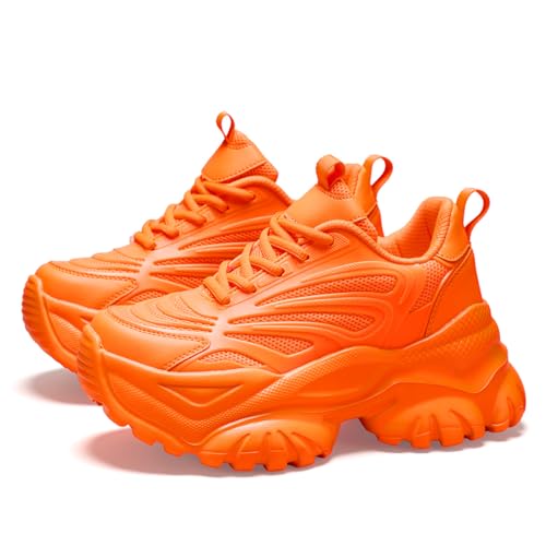 Athletic Platform Sneakers, Chunky Mesh Running Shoes, White Orange, High Top Fashion Training Shoes...