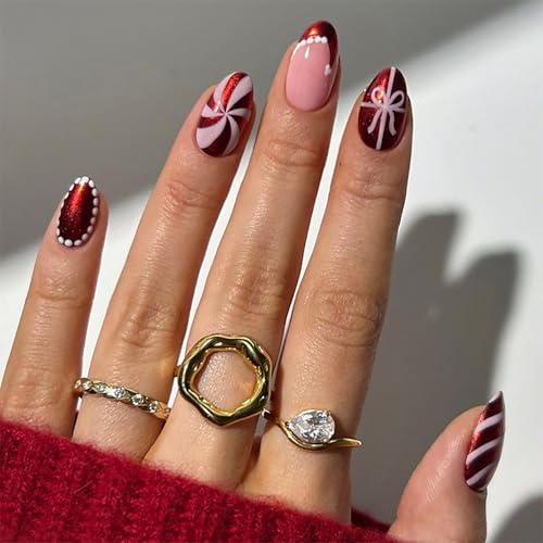 Christmas Press on Nails Medium Square Fake Nails with Design White Wave Pattern Stick on False Nails Burgundy Acrylic Christmas Nails for Women 24 Pcs Nail Art