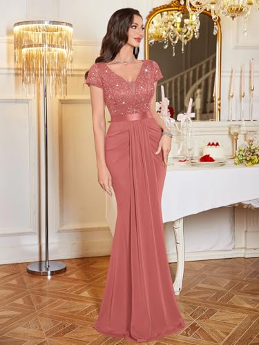 Image of Miusol Women's Deep V-Neck Lace Sequin Pleated Evening Formal Maxi Dress