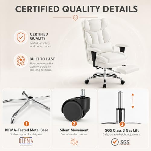 Image of Big and Tall Ergonomic Office Chair with Footrest, Executive High Back PU Leather Desk Chair, Reclining Computer Chair with Adjustable Lumbar Support and Armrests, Swivel Rolling Gaming Chair, Beige