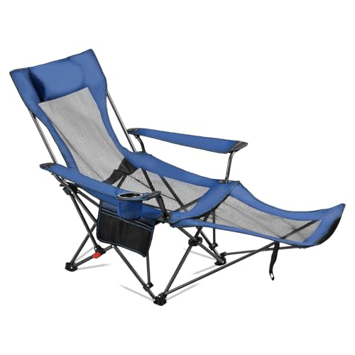 VEVOR Reclining Camping Chair, 4 Adjustable Positions, Portable Folding Lounger for Adults, Mesh Beach Chair with Headrest & Foot Rest, Supports 220 lbs, Heavy Duty Camp Chairs for Patio, Blue