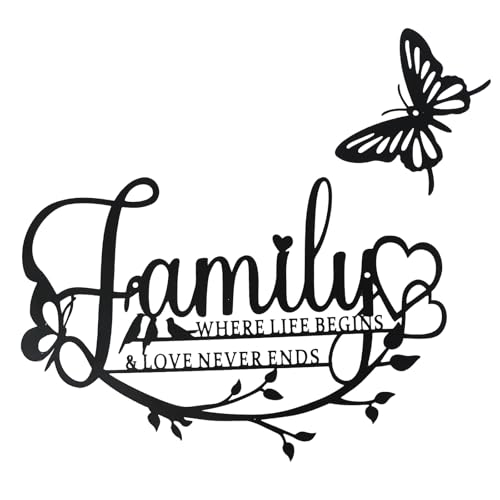 Jiusely Family Wall Decor Black Metal Wall Art Decor, Where Life Begins Love Never Ends Word Sign Wall Decorations, Butterfly Wall Hanging Sculpture for Living Room Bedroom Kitchen Indoor Outdoor