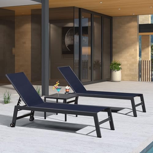 Image of PURPLE LEAF Outdoor Patio Chaise Lounge Set 4 Pieces Pool Lounge Sunbathing Chairs with Wheels Chair for Yard (4 Navy Blue Lounges W /Side Table)