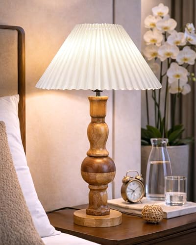 Image of Homesake Wooden Bubble Design Table Lamp for Bedroom & Living Room | Home Decor Lighting | Nightstand Lamp | Reading Lamp | Vintage | Minimalist | Modern Bedside Lamps, (Pleated White Shade)