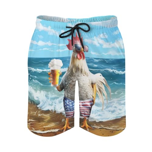 Patriotic Rooster Beer Men's Swim Trunks Chicken Board Shorts