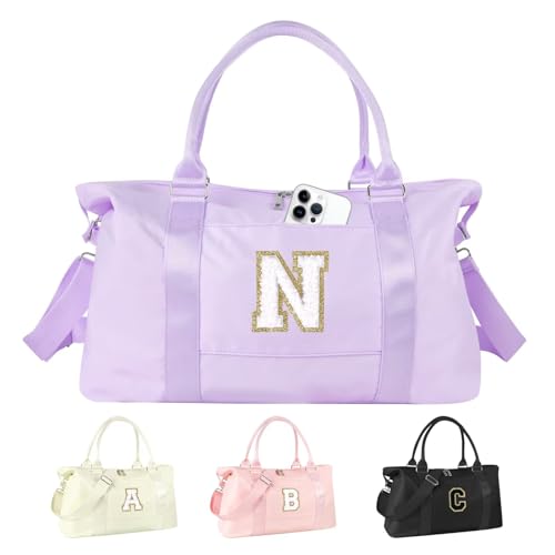 Dance Gym Duffel Bag for Teen Girls Personalized Initial Travel Weekender Bag Overnight Carry On Duffle for Women Sports Travel Cheer Bag Monogram Graduation Birthday Gifts for Tween Preppy(purple-N)