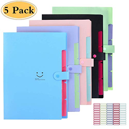 5 Pack Expanding File Folders Accordion Document Organizer, Letter A4 Paper Placstic File Folder 5 Pocket Expandable File Jackets for School Office Home