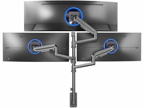 Image of VIVO Pneumatic Arm Triple Ultrawide Monitor Wall Mount for Up to 49 inch Screens with Height Adjustment, Heavy Duty, Holds 3 Ultra Wides Up to 35.2 lbs, Black, MOUNT-VW300D