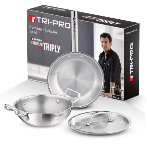 Bergner Tripro 3-Pc Triply Stainless Steel Cookware Set 24cm (3.1L) Deep Stir-fry Pan Kadai with Lid 22cm Frying Pan Skillet Less Oil Use Healthy Cooking Set Even Heating Induction & Gas Ready