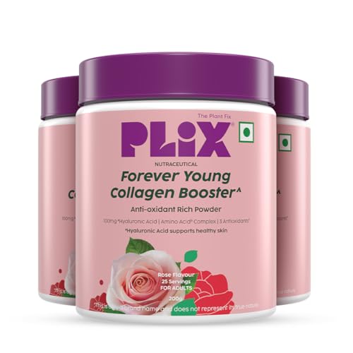 PLIX – THE PLANT FIX | Collagen Booster Powder to Support Healthy Skin | Supports Collagen Production, Antioxidants & Skin Health | Vitamin C, Hyaluronic Acid & Superfood Blend, Rose (3 x 200 g)