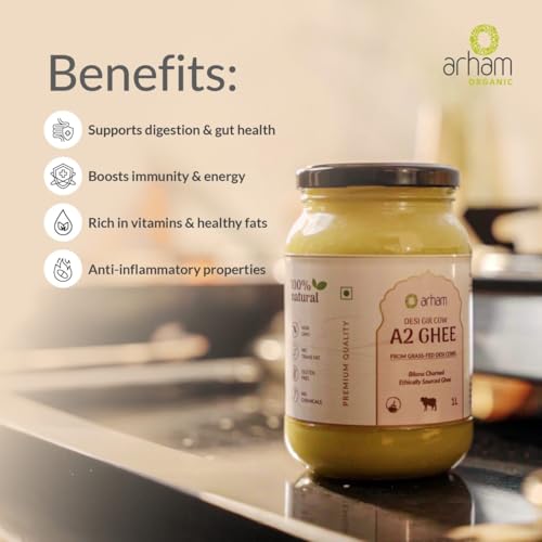 Image of Arham Organic A2 Gir Cow Ghee 1L | Vedic Bilona Method | Curd-Churned & Cultured | Danedar ghee | Grass-Fed Gir Cows | 100% Pure Desi Ghee | Lab Tested | Glass Bottle