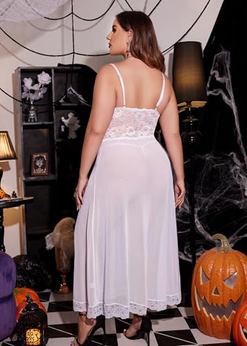 Image of Avidlove Plus Size Lingerie for Curvy Women Long Lace Babydoll Nightdress | V neck sheer mesh nightgown,g-string included,high side slits,adjustable straps,curve-flattering fit,maternity photoshoot