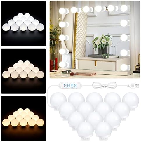 Hollywood Vanity Mirror Lights 14 LED Bulbs 3 Color Dimmable Mirror Light, Vanity Lights 3000K Warm 4000K Nature 6500K Daylight White Portable Makeup Mirror Light for Bathroom Bedroom Dressing Room