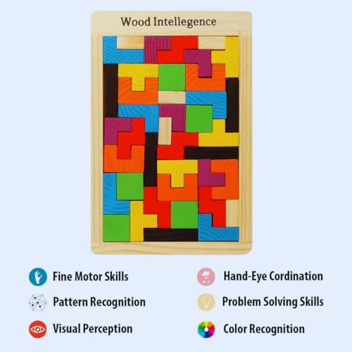Image of FUN4YOU-Wooden Intelligence Puzzles Toy for Kids 3+ | Educational Wooden Tetris Puzzle Brain Teaser Puzzle for Brain Development & Logical Thinking | Montessori Learning Toy-40 Pcs, Multi Color