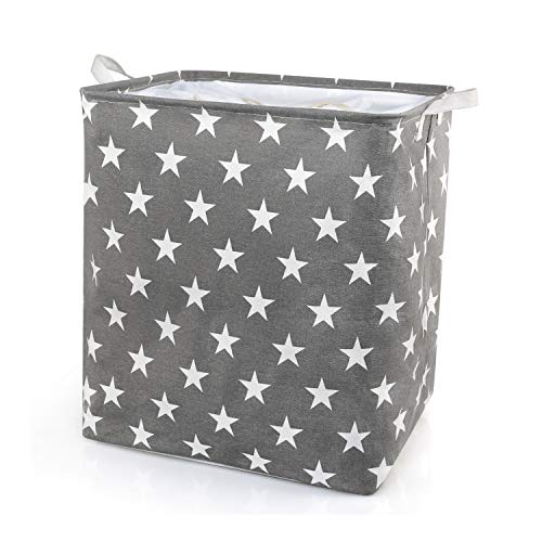 BelleStyle Cesto para la Colada, Plegable Cestas de Ropa Impermeable Algodón de Lino Bolsas Almacenamiento con Asas de cordón para Guardar la Ropa y Juguetes, Cuadrado, 47x42x33cm (Estrella Gris)