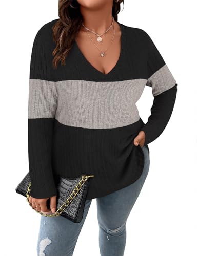 Image of Koscacy Women Plus Size Casual Knit Sweater V Neck Solid Color Tops Lightweight Long Sleeve Blouses