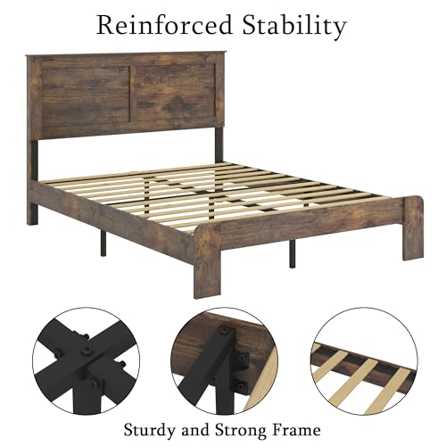 Image of Bellemave Rustic Vintage Full Size Bed Frame with Headboard,Wooden Platform Bed Frame Full Size with Wood Slats,Easy Assembly,Dark Brown