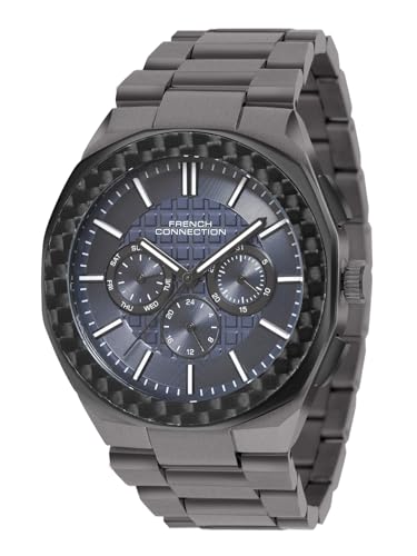 Image of French Connection Textured Blue Round Dial with IP Gun Stainless Steel Metal Strap Multifunction Watch - for Mens FCH27GNM