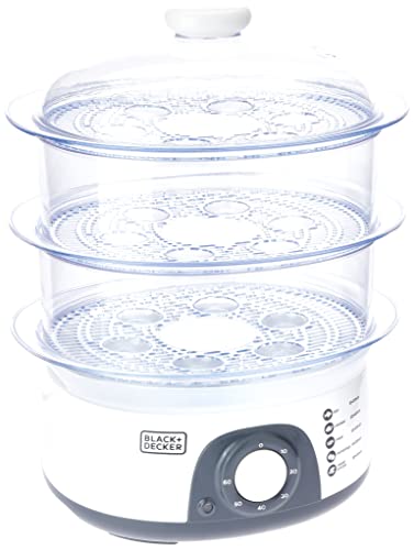 BLACK+DECKER Food Steamer 775W 10L 3-Tier Detachable Design Timer Control Quick & Easy Meal Prep Dishwasher Safe Lightweight 1.98 Kg 220-240V Efficient and Compact White - HS6000-B5