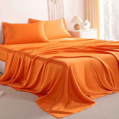 NTBAY Silk Satin Queen Sheet Set 4-Piece Luxury and Soft Bedding Set Cooling Silky Sheets for Hair and Skin Includes 2 Pillowcases 1 Flat Sheet 1 Fitted Sheet with Deep Pocket Orange