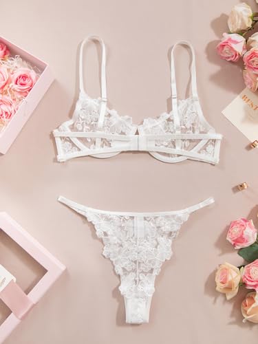 Image of Lilosy Sexy Floral Embroidered Mesh Sheer Underwire Lingerie Set