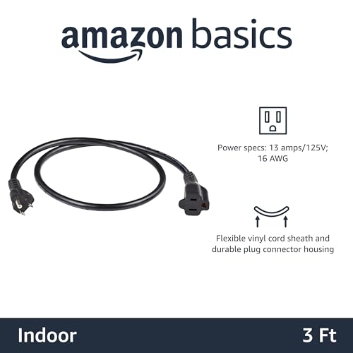 Image of Amazon Basics Extension Cord, 3 Prong Outlet Extender, Indoor Power Extension Cable, 13 Amps, 125V, 3 Ft, Black