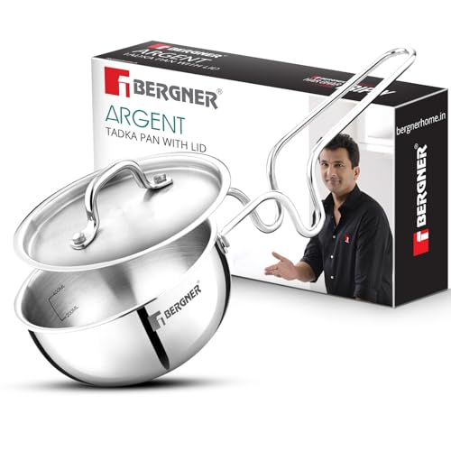 Image of BERGNER Argent Triply 12cm (500ml) Tadka Pan /Vagar /Vaghariya Pan for Spice Seasoning, Tempering, Ergonomic Stay Cool Touch Handle, Faster and Even Heat Distribution - Induction and Gas Stove Ready