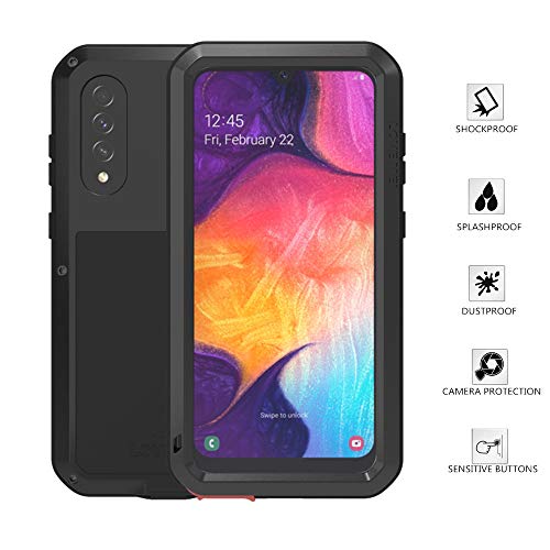 RanGuo para Samsung Galaxy A50 Funda, Love Mei Aire Libre Tarea Pesada Híbrido Metal Armadura Antipolvo A Prueba de Golpes Protección Carcasa con Protector de Pantalla de Vidrio Templado (Negro)