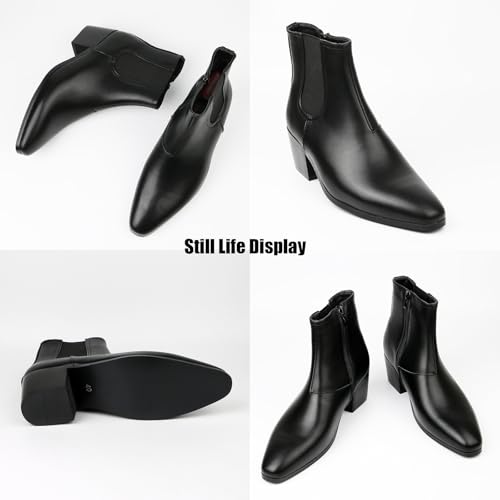 Classic High Heel Heighten Side Zipper Chelsea Boots For Men Leather Fashion Pointed Toe Chunky Block Heel Elastic Mid-Calf Slip On Dress Ankle Booties For Business Party Wedding3