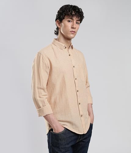 Image of TURMS Men's Casual Striped Linen Shirt | Water Repellent | Anti Stain Anti Odor | Kansas Linen | Concealed Button Down Collar | Full Sleeves