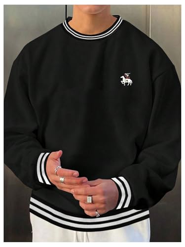 Verdusa Men's Striped Crew Neck Sweatshirt Contrast Binding Long Sleeve Pullover Tops Streetwear Fall Clothes3