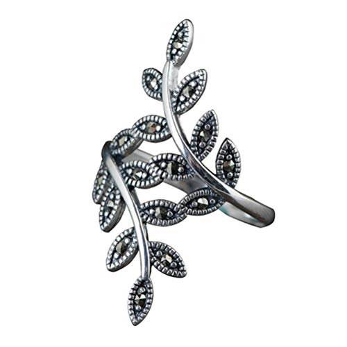 WOZUIMEI Chinese Style Ring Jewelry S925 Sterling Silver Ring Retro Female Fashion Inlaid Marcasite Leaves Adjustable Split Ring Thai Silver JewelryAdjustable Opening