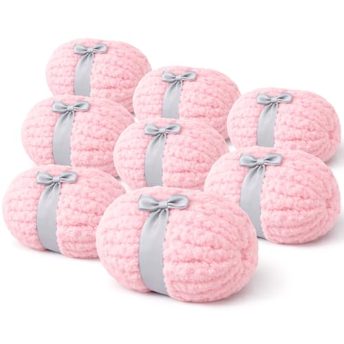 DEYLE Pink Chunky Chenille Yarn - Super Bulky Thick Yarn for Hand Knitting and Crocheting - Extra Soft Jumbo Yarn for Blankets Scarves - 8-Pack (9 Oz Each Skein)