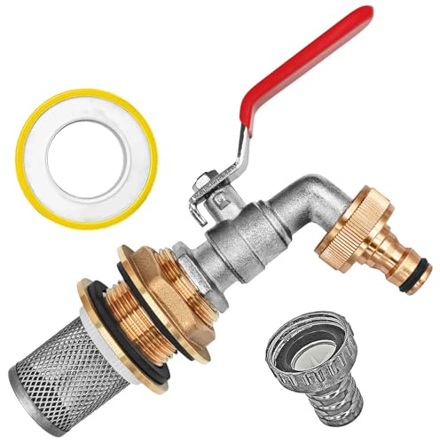 MegaHaustechnik Regentonnendurchführung Messing für 27mm LochØ AG 3/4 Wandung max. 12mm Dichtband mit Auslaufhahn mit Stecker für Gardena Buchse Edelstahl Filterkorb Fass Verschraubung Tank