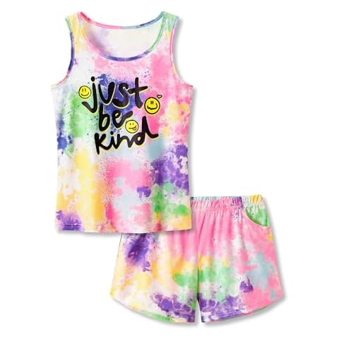 Beezizac Neon Tie Dye Comfy Pajamas Rainbow Face for Girls Tank Top Outfit Kid Size 16 Cover