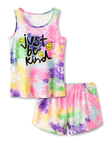 Beezizac Neon Tie Dye Comfy Pajamas Rainbow Face For Girls Tank Top Outfit Kid Size 14