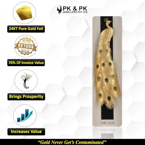Image of Pk & Pk Jewellers Standing Colour Peacock | 24KT Gold Frame | Rosewood Frames Collection | Tabletop Medium Size [14x34.5 cm] (For Premium Luxury Gift, Home Decor, Table Decoration)Rectangular