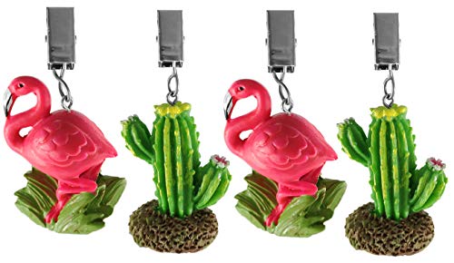 My-goodbuy24 Tischdeckenbeschwerer mit Klammer - 4er Set - Tischdeckenhalter Garten Tischdeckenklammern Tischtuch Clips - Polystone - Flamingo mit Kaktus