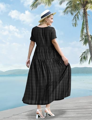Image of YESNO Women Casual Loose Bohemian Floral Dress with Pockets Short Sleeve Long Maxi Summer Beach Swing Dress EJF