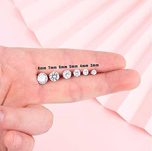 Silver Stud Earrings for Women,6 Pairs Cubic Zirconia Stud Earrings Set,Small Sleeper Cartilage Studs ,Size3/4/5/6/7/8mm
