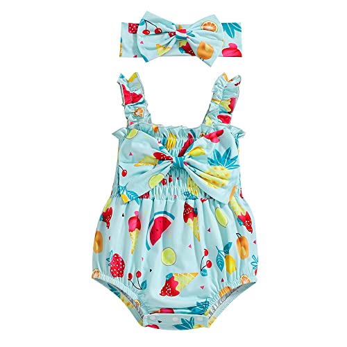 Image of Hopscotch Girls Polyester Fruit Print Bodysuit With Headband in Blue Color