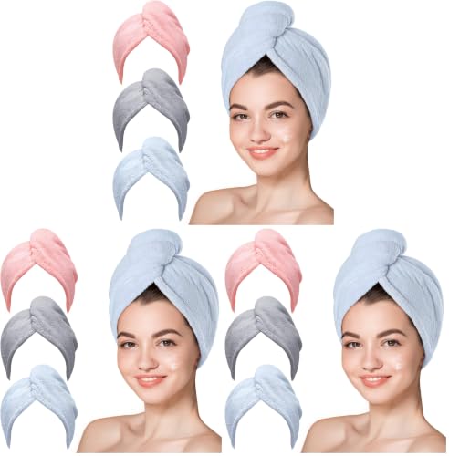 Image of Hicober Microfiber Hair Towel Wrap, Fast Drying Hair Towels for Women, Soft Lightweight Quick Dry Turban for Curly & Long Hair-9 Pack(Blue /Grey /Pink)