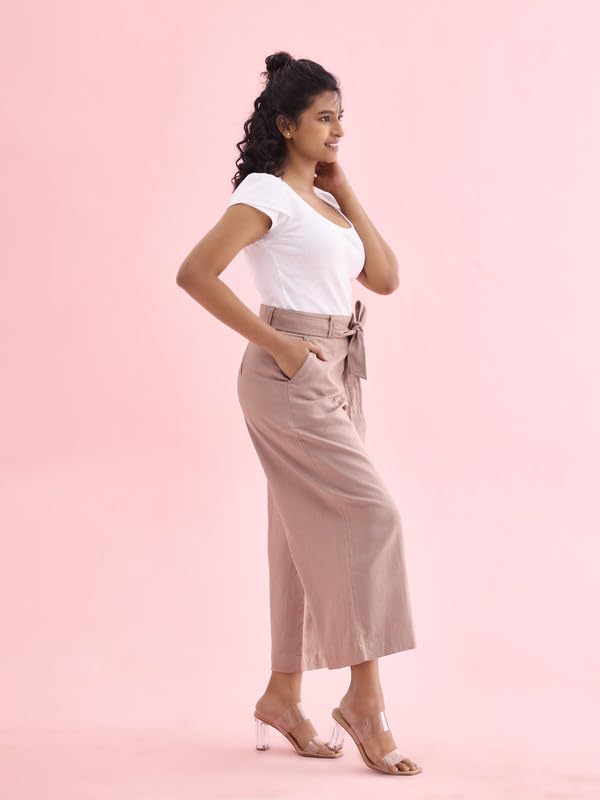 Image of GO COLORS Solid Linen Culottes for Women | High Rise, Side Pockets, Front tie-up