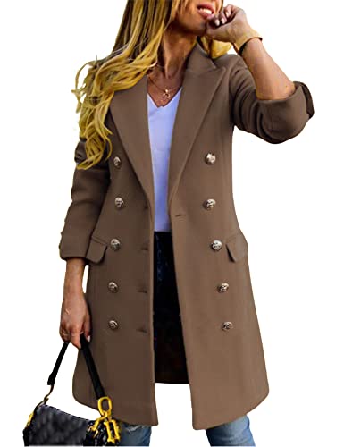 Image of Kinghua Wool Coats for Women Warm Fall Winter Double Breasted Notched Lapel Midi Long Wool Peacoat Jacket (Khaki, S)