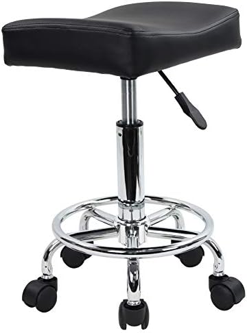 KKTONER Square Rolling Stool PU Leather Height Adjustable Swivel Massage SPA Salon Stools Task Chair with Wheels (Black)