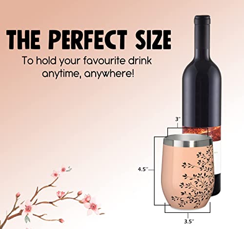 Global Taste Wine Glass Tumbler With Lid And Straw - 12 Oz Triple Vacuum Insulated Stainless Steel Stemless Wine Glass, Travel Tumbler Cup For Coffee, Cocktails, Drinks (Rose Gold Blossom) #TOP3