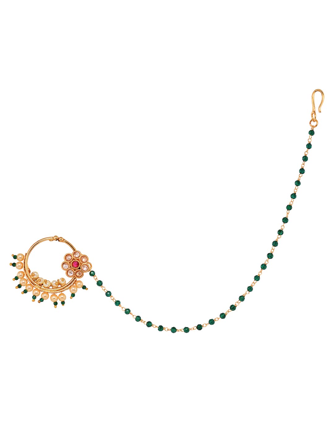 Studded & Beaded Floral Nose Ring With Chain-image-21