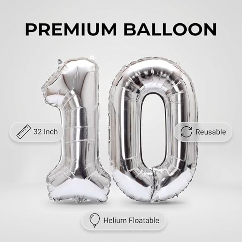 Image of Number 10 Balloon Foil Mylar Balloons for Birthday Party Decoration (Silver, 40 Inch)