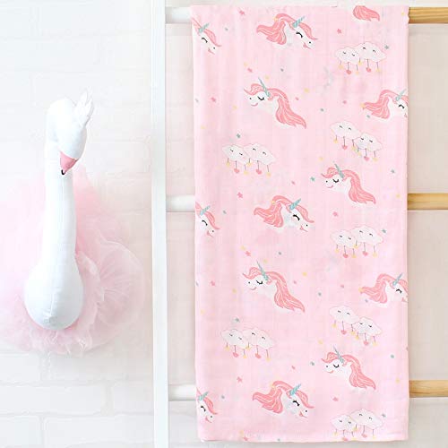 Image of Kassy Pop Printed 6 Layer Bamboo Muslin Blanket Cum Swaddling Towel for Baby, Toddlers | 70% Bamboo, 30% Cotton | AC Quilt, Multi-Purpose Blanket | Toxin Free | 110cm x 110cm (Pink Unicorn Print)